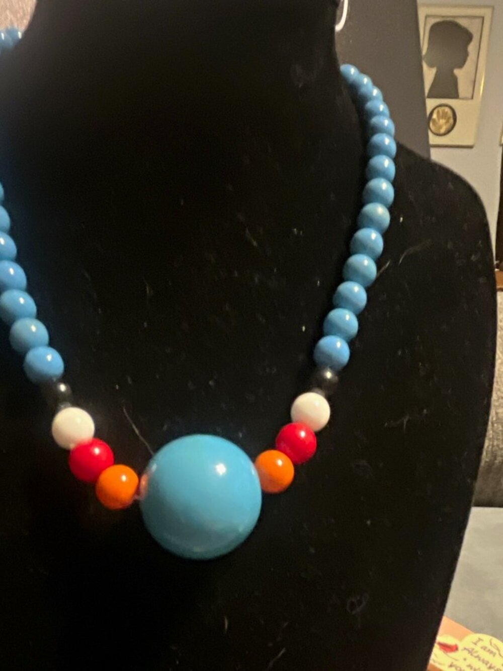 Blue Plastic Beaded Statement Necklace w/ Multicolor Accents, Adjustable